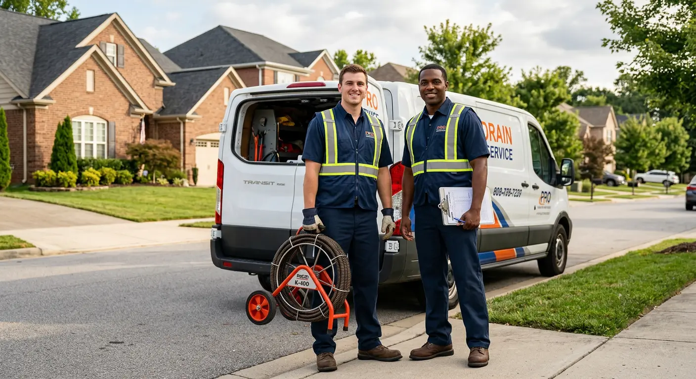 Sewer and drain service team with equipment ready for work in East Coventry