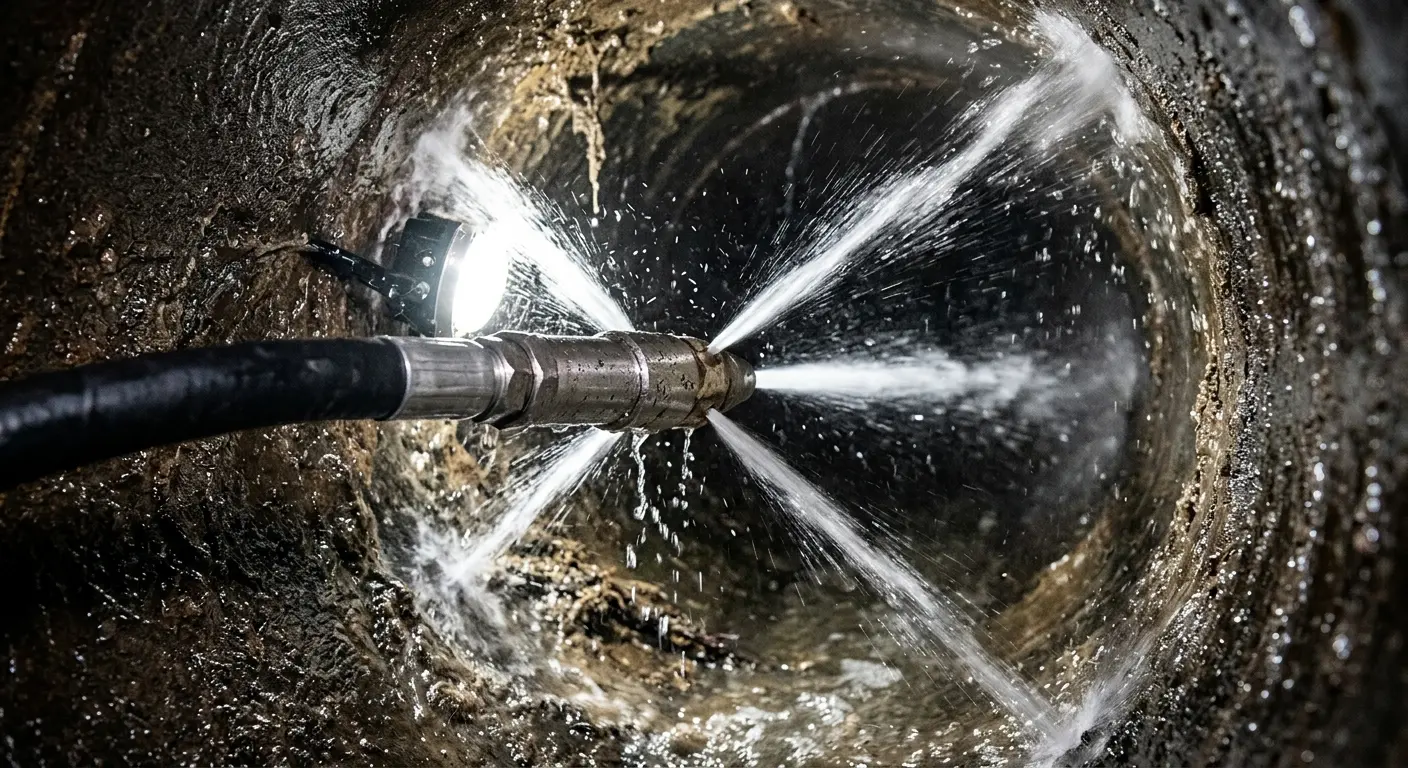 High-pressure hydro jetting nozzle cleaning sewer pipe for Emergency Drain Service in East Coventry