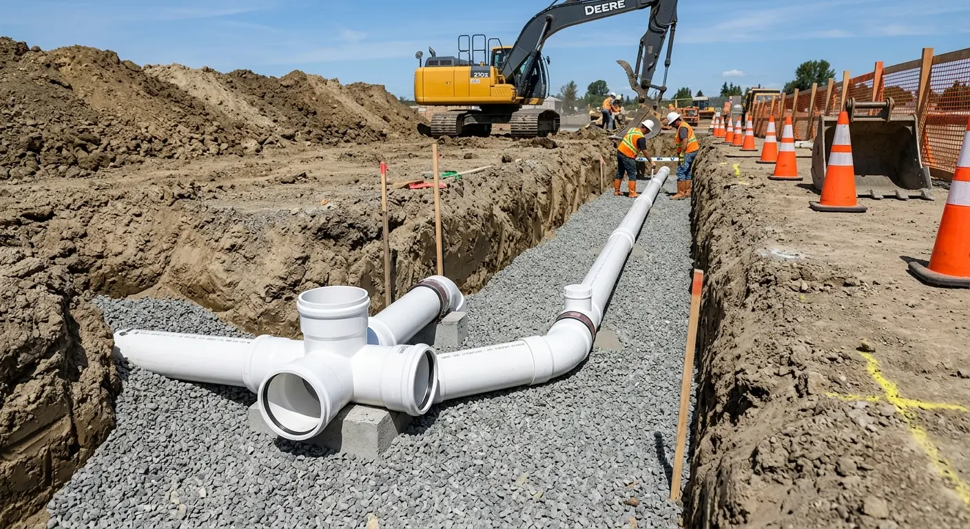 New PVC sewer pipe installation in open trench for Commercial Drain Cleaning in East Coventry