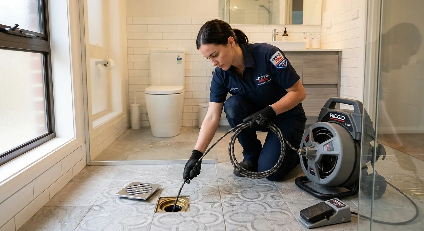 Technician clearing a bathroom floor drain for Clogged Drain Repair in East Coventry